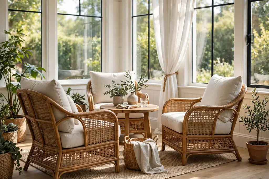 Rattan armchairs with thick pale cushions angled around a small table in a sunroom.