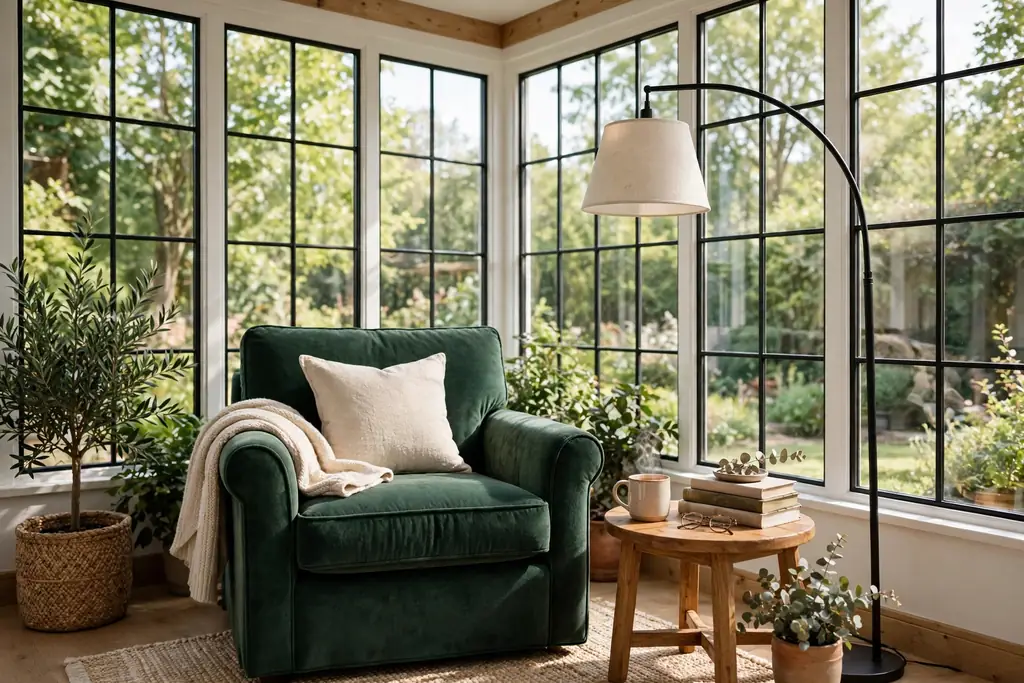 Reading nook with a deep armchair, side table, and floor lamp in a sunroom corner.
