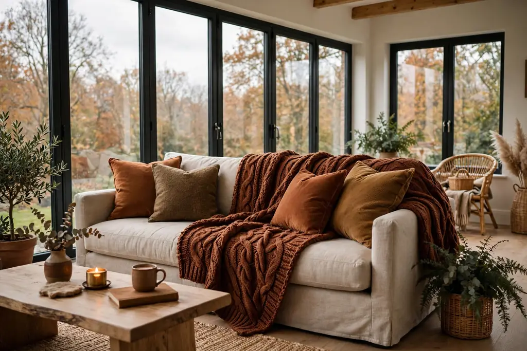 Sunroom sofa with a heavier knit throw and warmer cushion covers for cooler months.