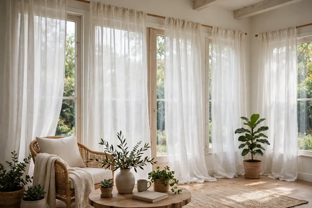 Sheer white linen curtains on tall sunroom windows filtering soft daylight.