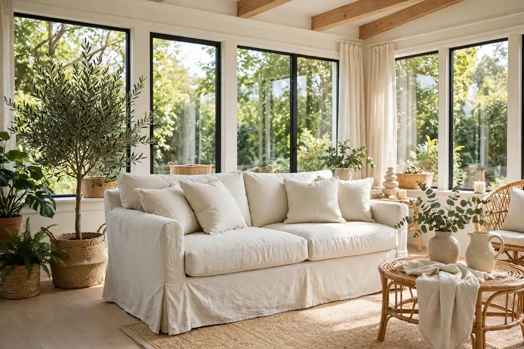 Light cream linen slipcovered sofa in a bright sunroom with pale cushions.