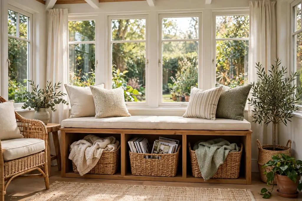 Storage bench with woven baskets holding throws and magazines in a sunroom.