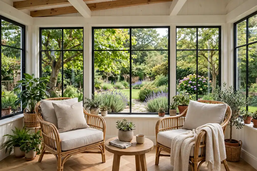 Sunroom seating facing large windows with a garden view and a small table between chairs.