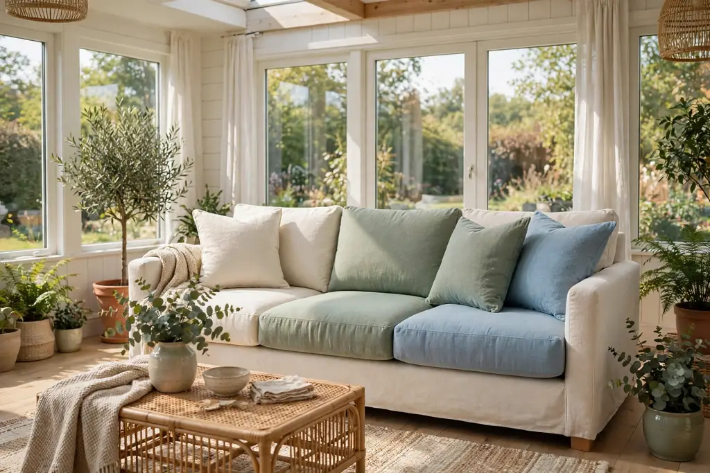 Sofa with washable cushion covers in cream, sage, and soft blue in a sunroom.