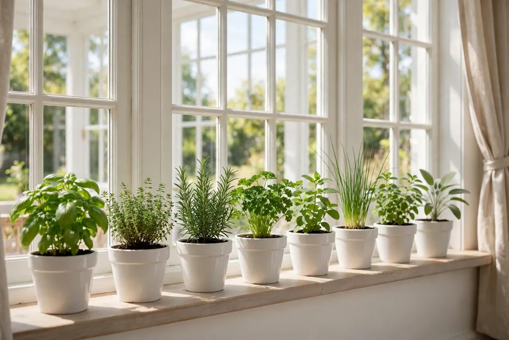 Small herb pots in matching white pots lined along a sunny sunroom windowsill.
