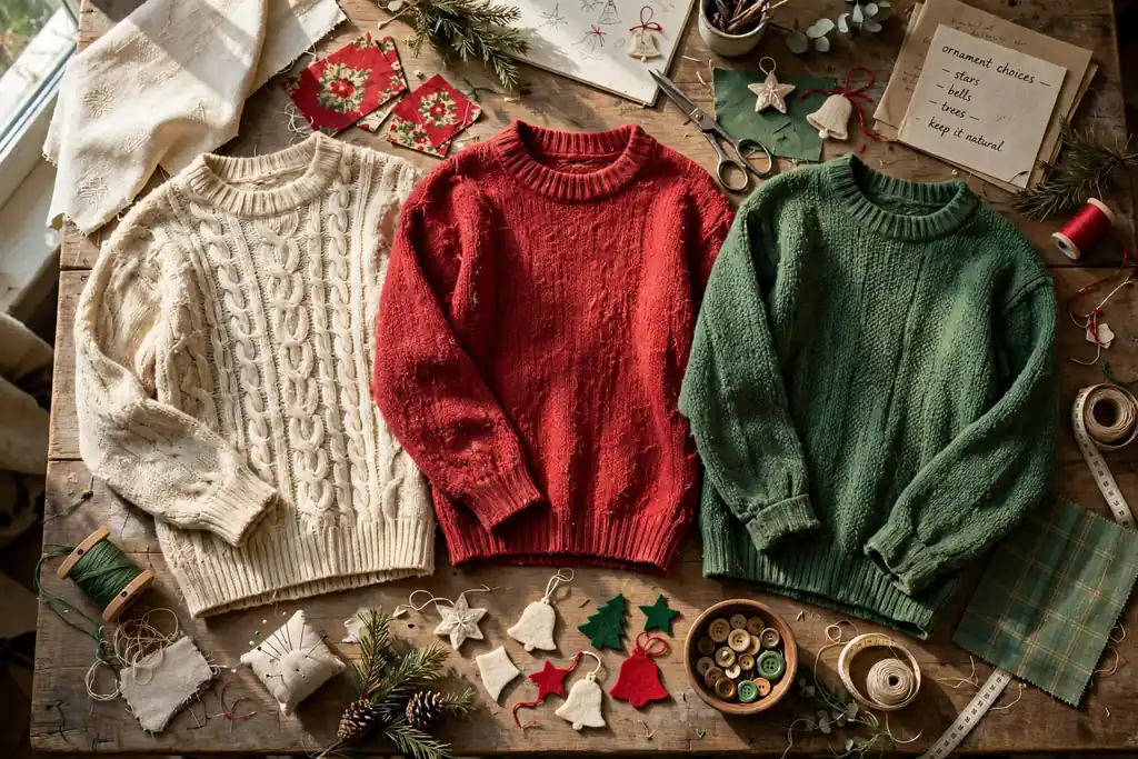Old sweaters in cream, red, and green laid flat on a table for choosing ornament fabric.