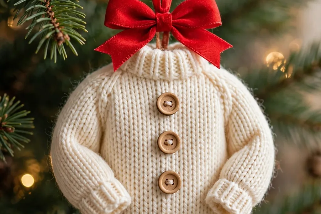 A sweater tree ornament finished with small wooden buttons and a red bow.