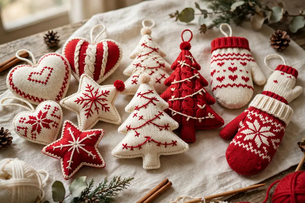A matching set of sweater ornaments in cream and red, including hearts, stars, trees, and mittens.