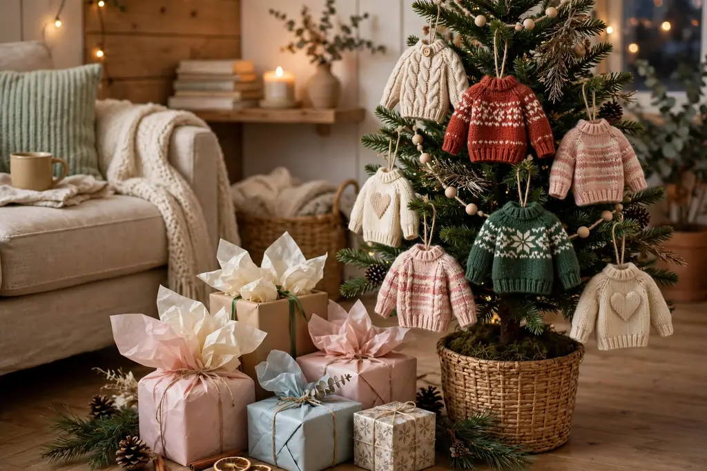 Sweater ornaments hanging on a small Christmas tree beside wrapped gifts in tissue and boxes.