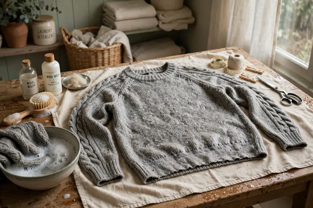 A wool sweater being washed and laid flat to dry on a towel before cutting.