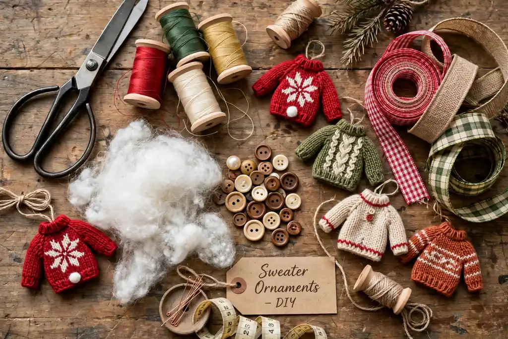Sewing supplies for sweater ornaments on a table, including scissors, thread, ribbon, buttons, and fiberfill.