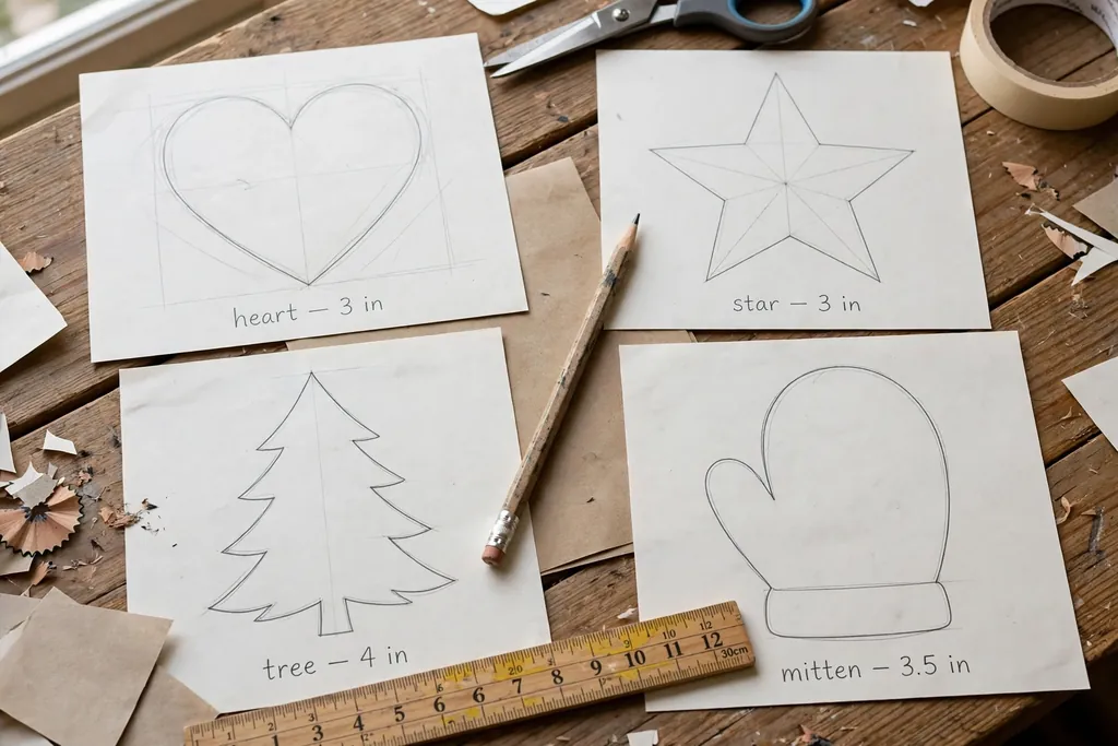 Paper templates for heart, star, tree, and mitten ornaments traced on a table.