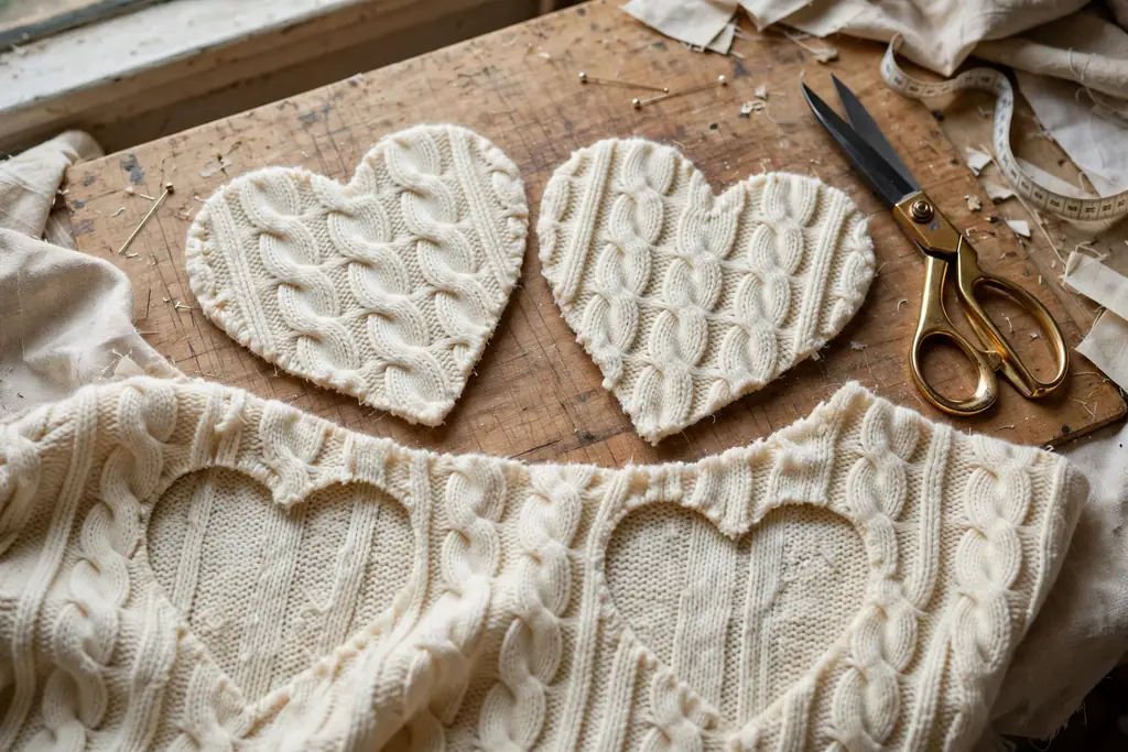 Two matching heart shapes cut from a cream cable knit sweater on a cutting table.