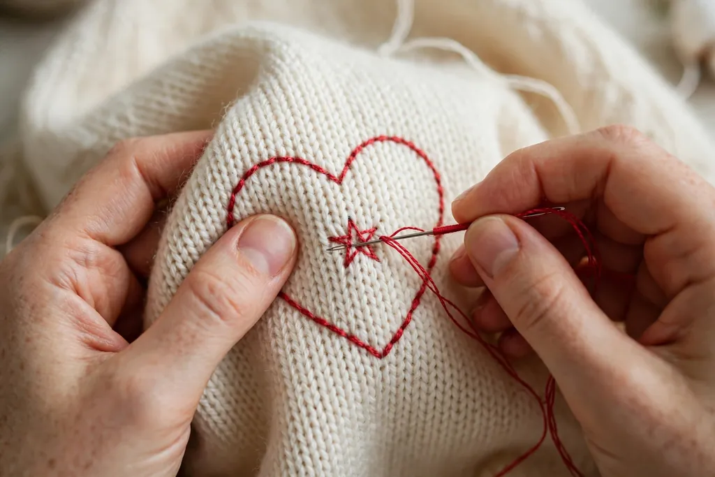 Hands embroidering a small star on a cream sweater heart shape with red thread.