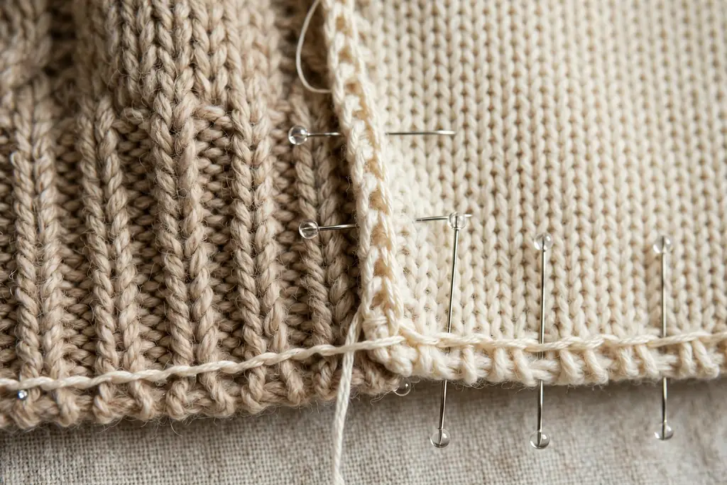 Two sweater pieces pinned together and stitched around the edge with cream thread.