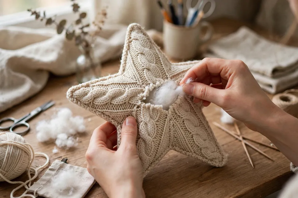 A sweater star ornament being stuffed lightly with white fiberfill through a small gap.