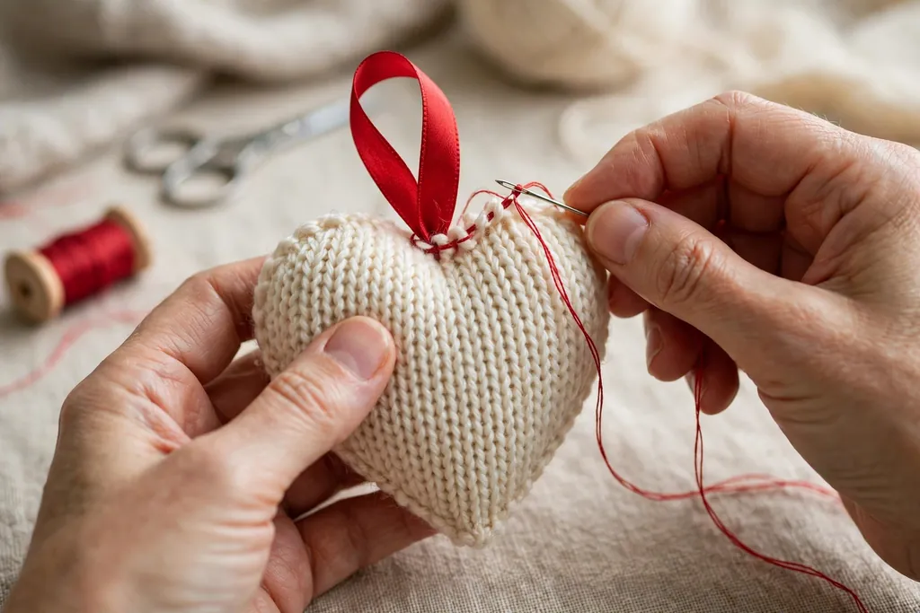 Hands stitching a red ribbon loop to the top of a finished sweater heart ornament.