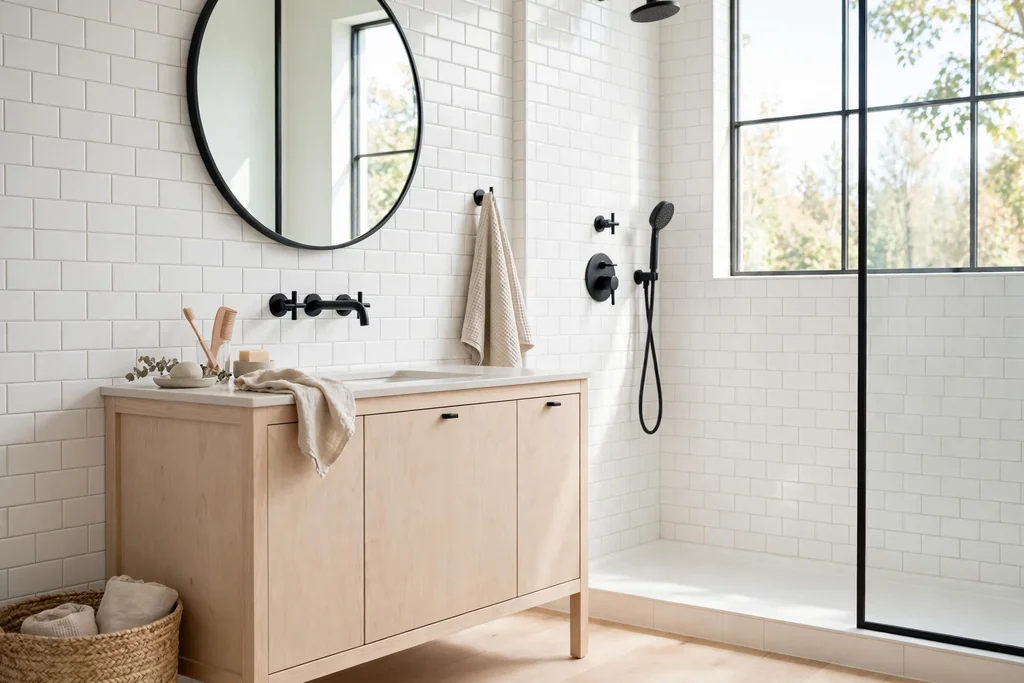 Swedish bathroom with matte black faucets and fittings against white wall tiles.