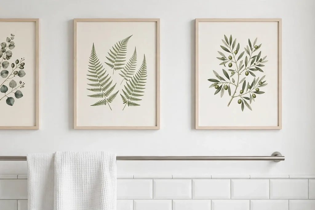 Botanical prints in slim pale wood frames on a white bathroom wall.