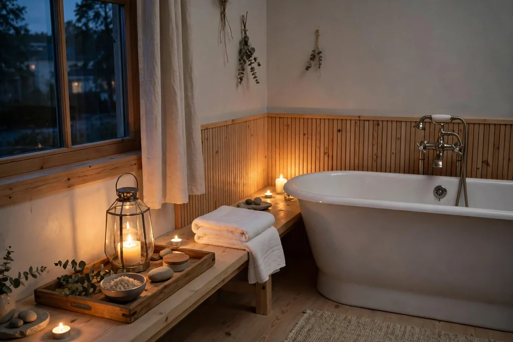 Candlelit bath corner with a glass lantern, a wooden tray, and a folded towel beside a tub.