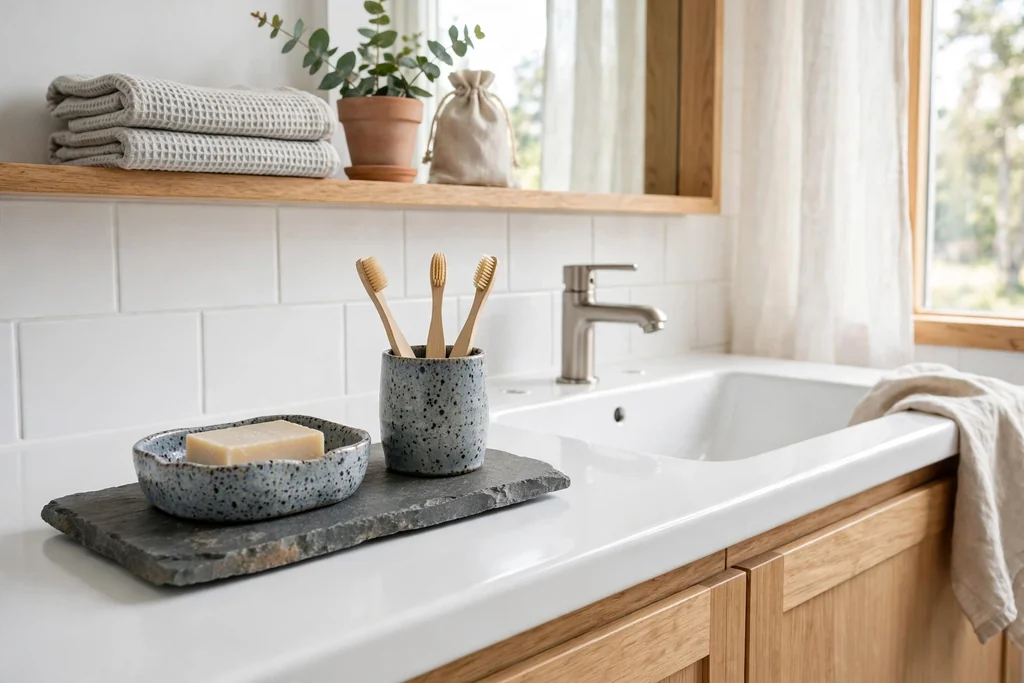 Handmade ceramic soap dish and stone tray with a toothbrush cup on a bathroom sink.