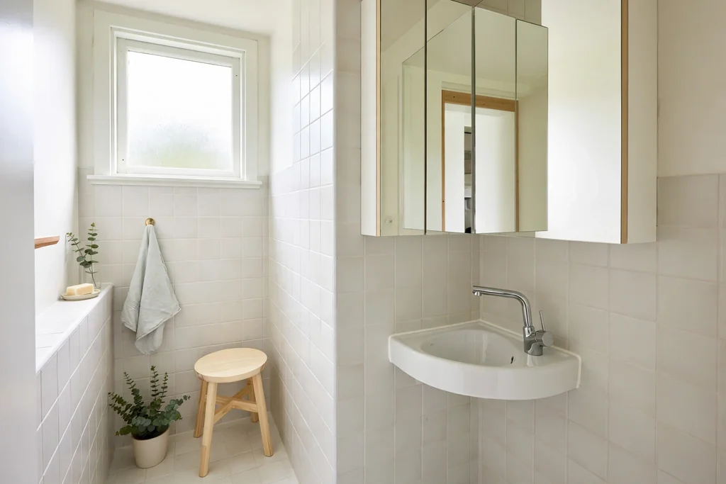 Compact Swedish bathroom with a mirrored wall cabinet, a corner sink, and pale tiles.