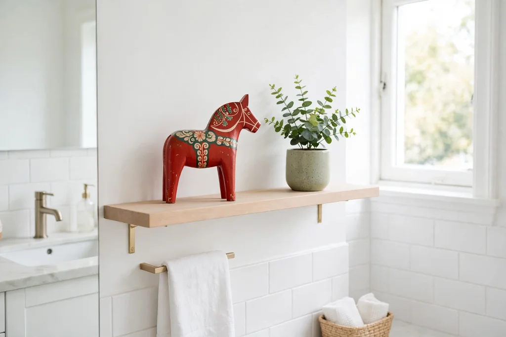 Small red painted Dala horse on a bathroom shelf beside a plant in a bright Swedish bathroom.