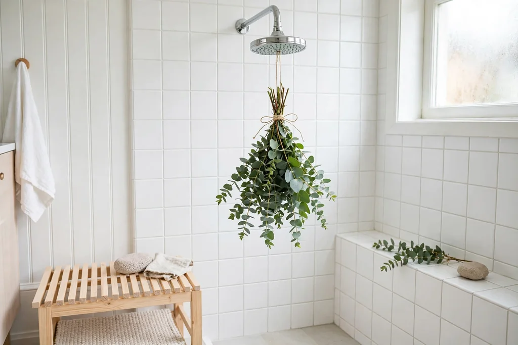 Fresh eucalyptus bundle tied with string hanging from a showerhead in a bright shower.