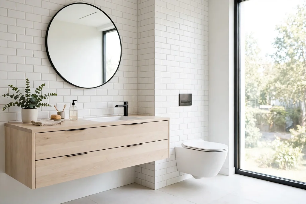 Floating pale wood vanity and wall hung toilet with clear floor beneath in a Swedish bathroom.