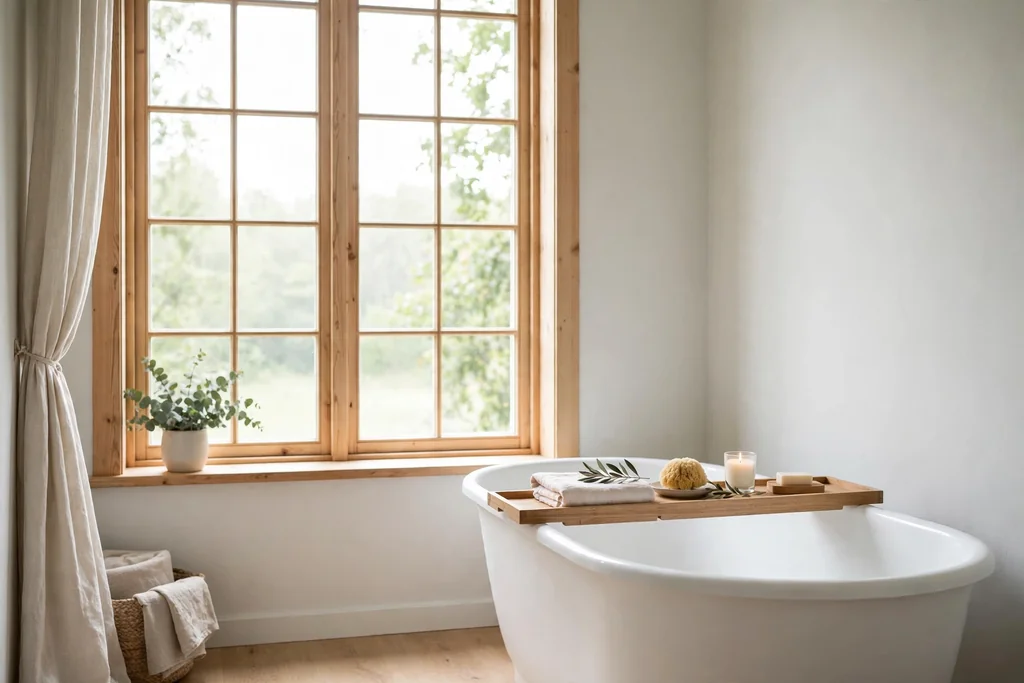 Freestanding oval bathtub beside a bright bathroom window with a wooden tray.