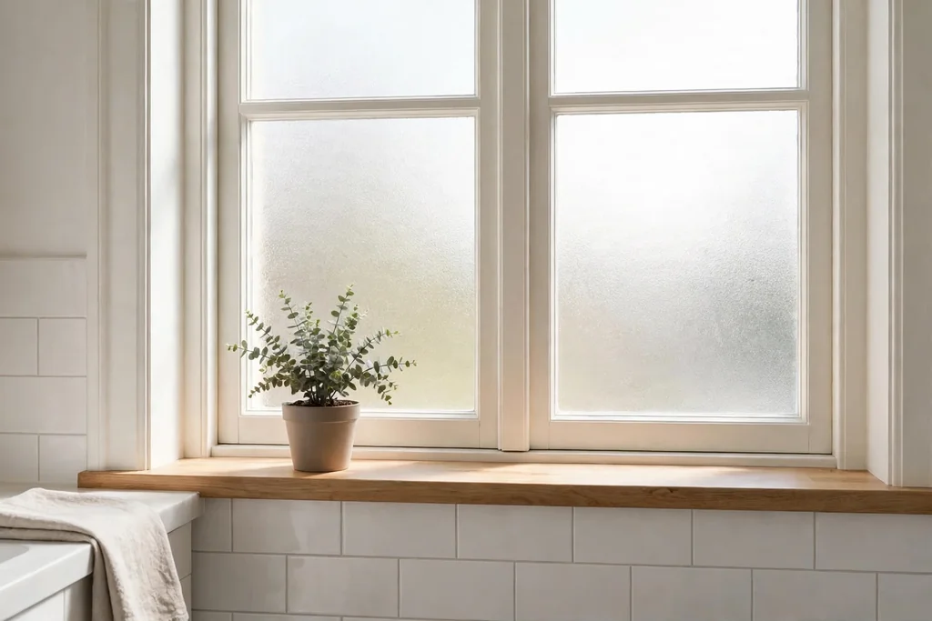 Bright Swedish bathroom window with frosted glass and a small plant on the sill.