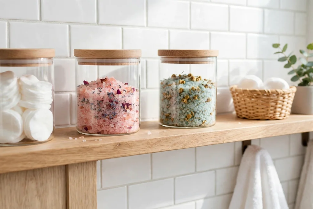 Clear glass jars with wood lids holding cotton pads and bath salts on a bathroom shelf.