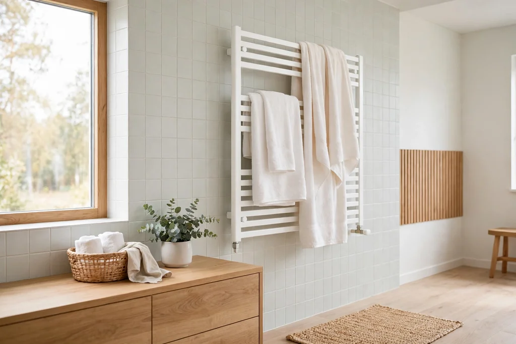 White heated towel rail with warm dry towels in a bright Swedish bathroom.