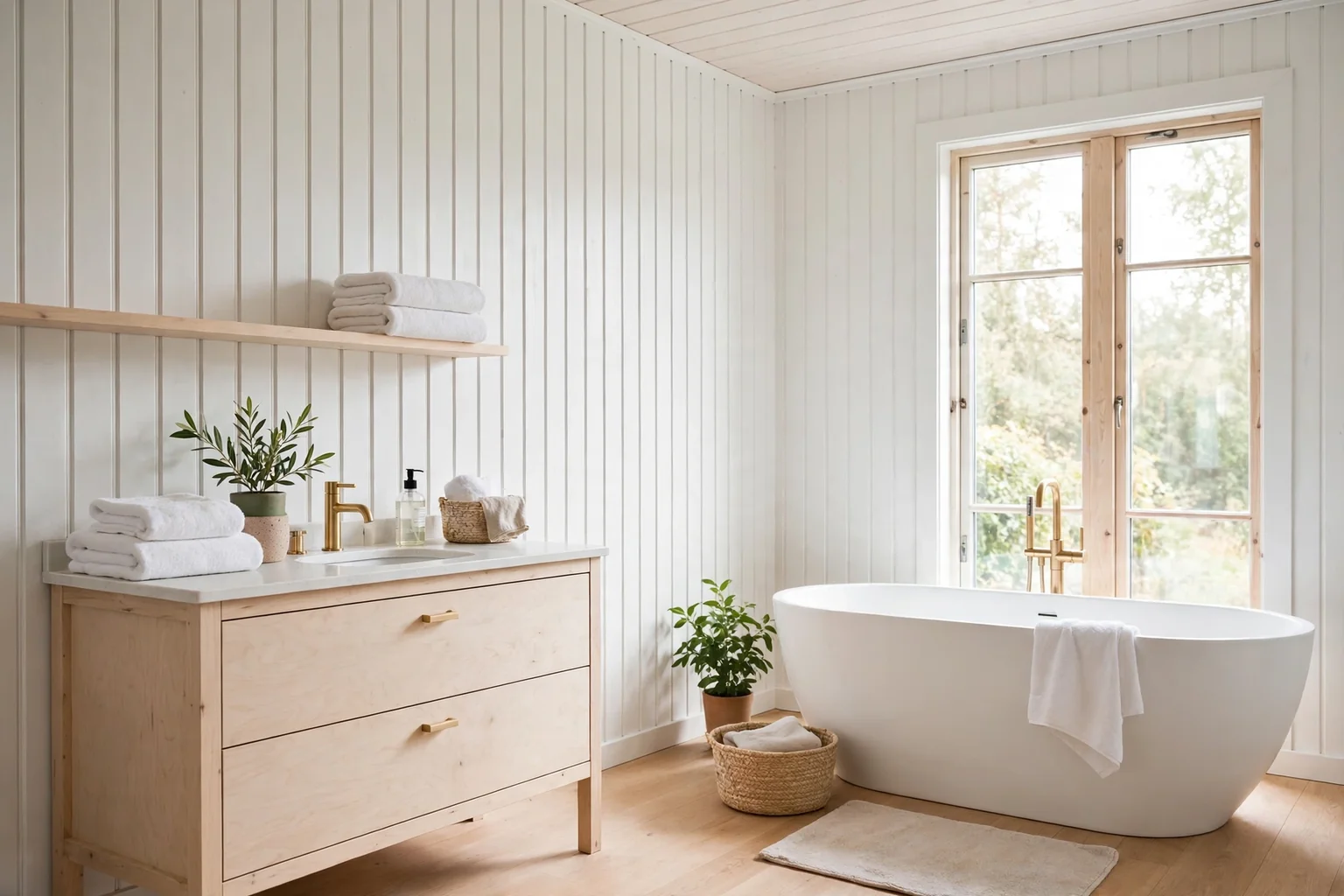 Wide Swedish bathroom with white paneling, a pale wood vanity, a freestanding tub, and soft daylight.