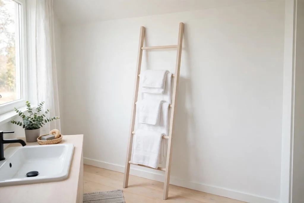 Wooden ladder towel rail leaning against a white bathroom wall holding folded towels.