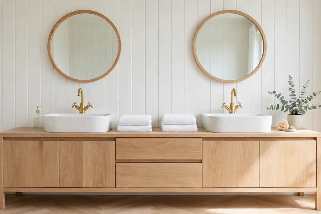 Pale oak double vanity with two basins and two mirrors in a bright Swedish bathroom.