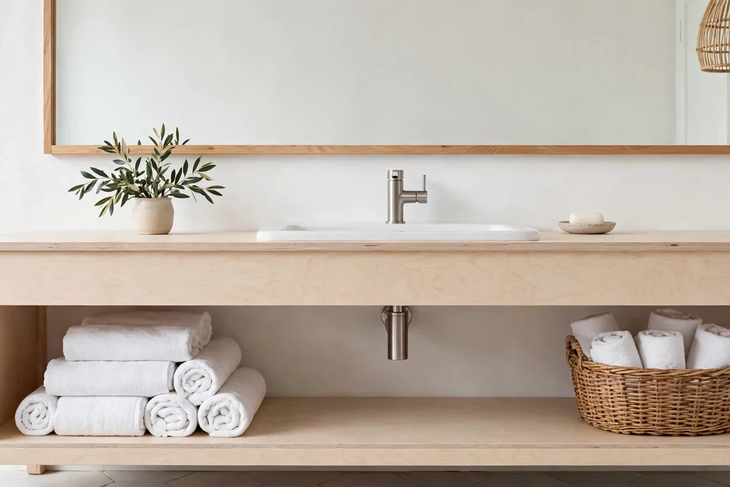 Pale birch wood bathroom vanity with an open shelf holding rolled towels and a basket.