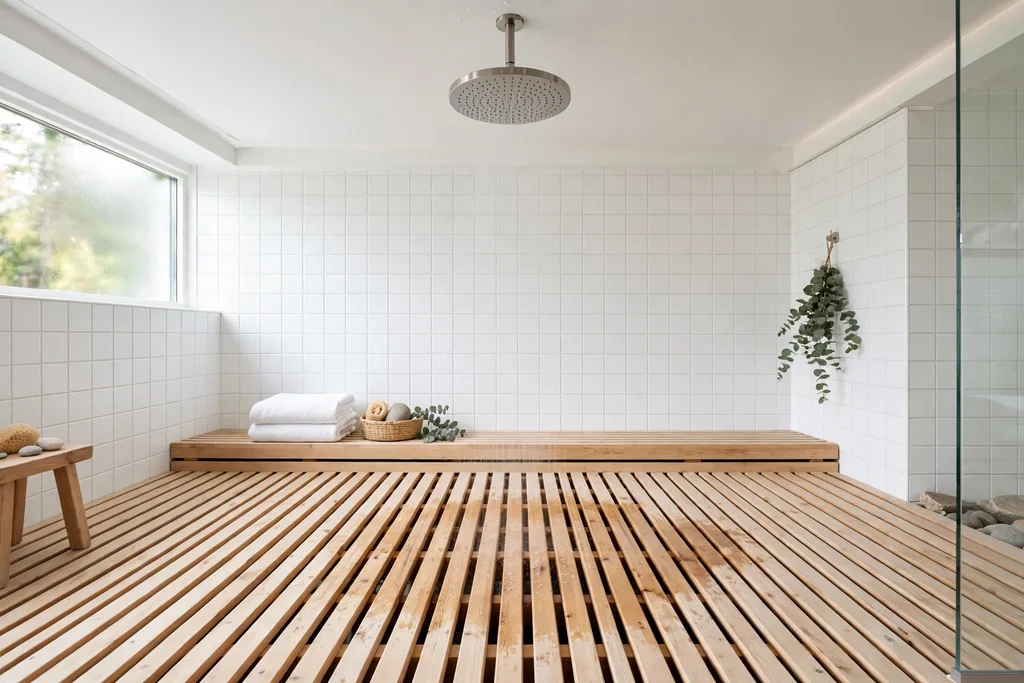 Rain showerhead over a slatted wooden duckboard floor in a bright bathroom.