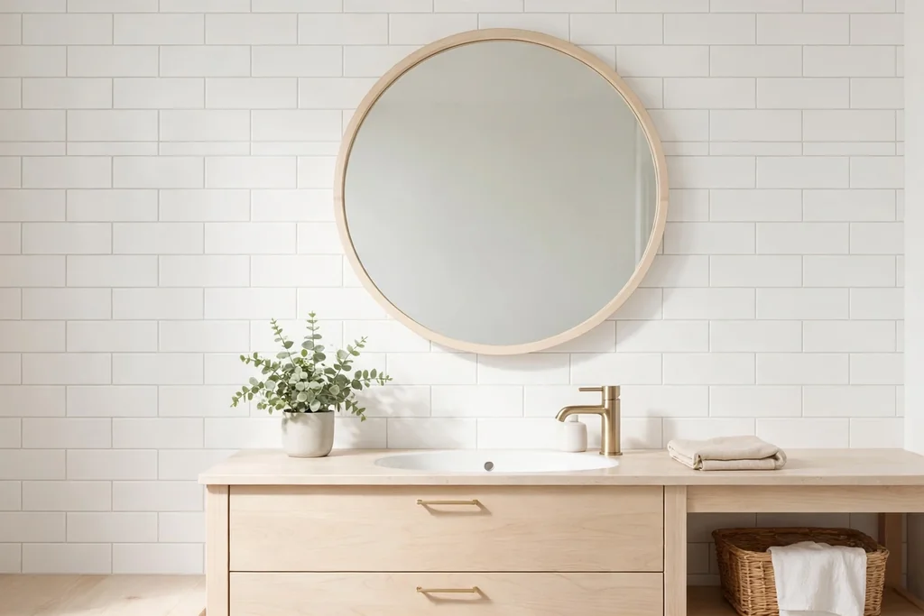 Round mirror with a slim pale wood frame above a bathroom vanity.
