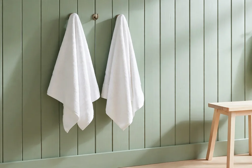 Bathroom wall with soft sage green painted wood paneling and white towels.