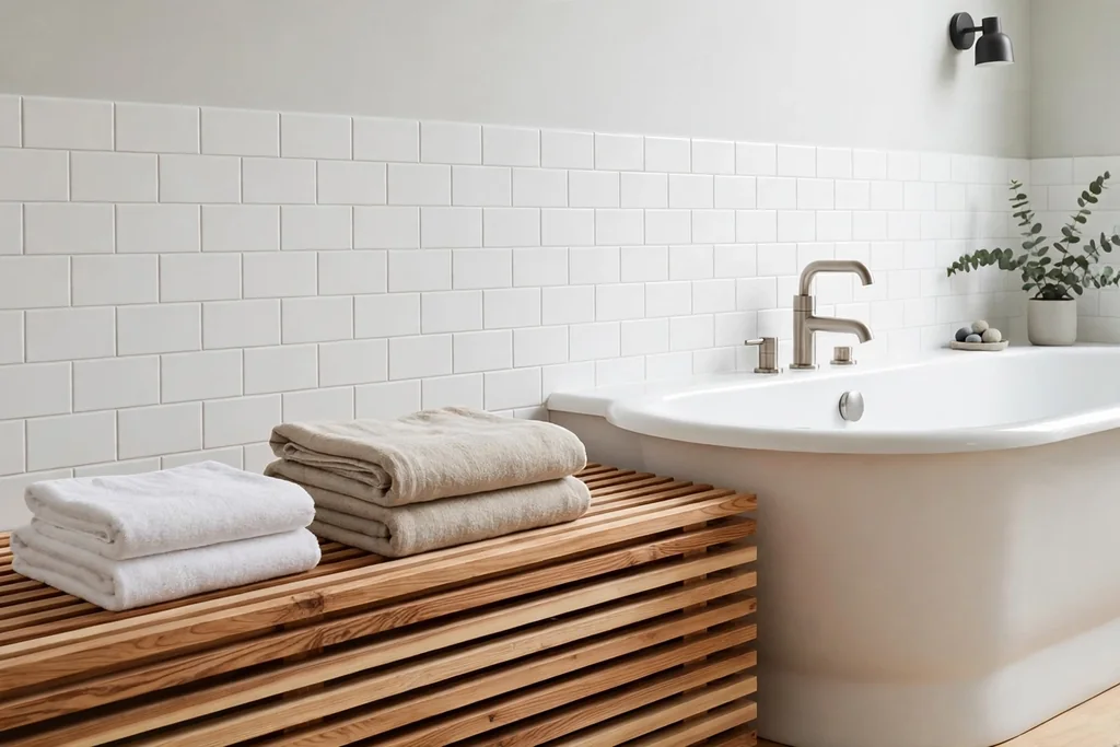 Slatted cedar wood bench in a bright Swedish bathroom beside a bathtub.