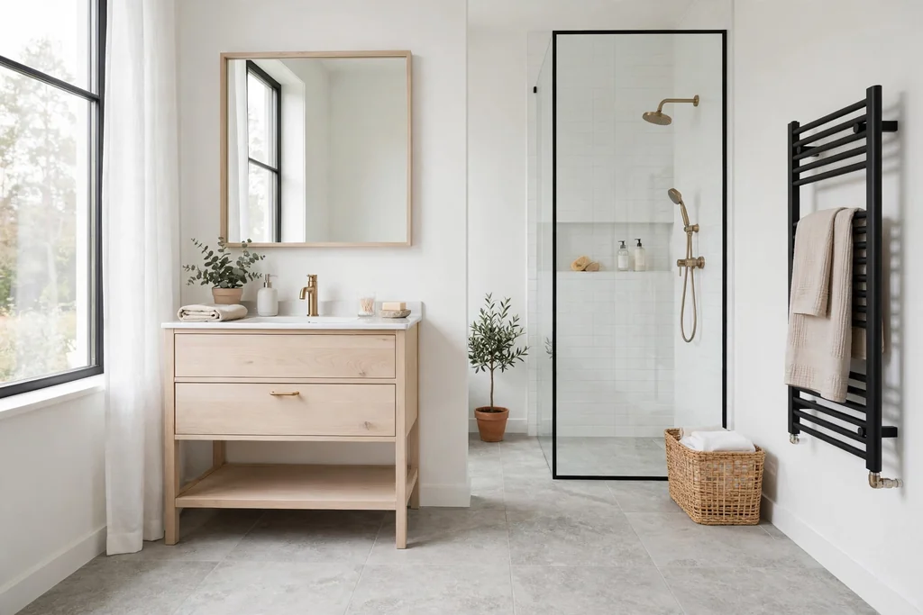 Light grey stone look floor tiles in a bright Swedish bathroom with pale wood.