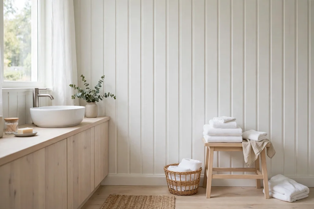 Swedish bathroom wall with white tongue-and-groove wood paneling and pale wood details.