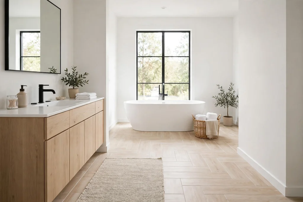 Pale wood look floor tiles in a bright Swedish bathroom with a soft rug.