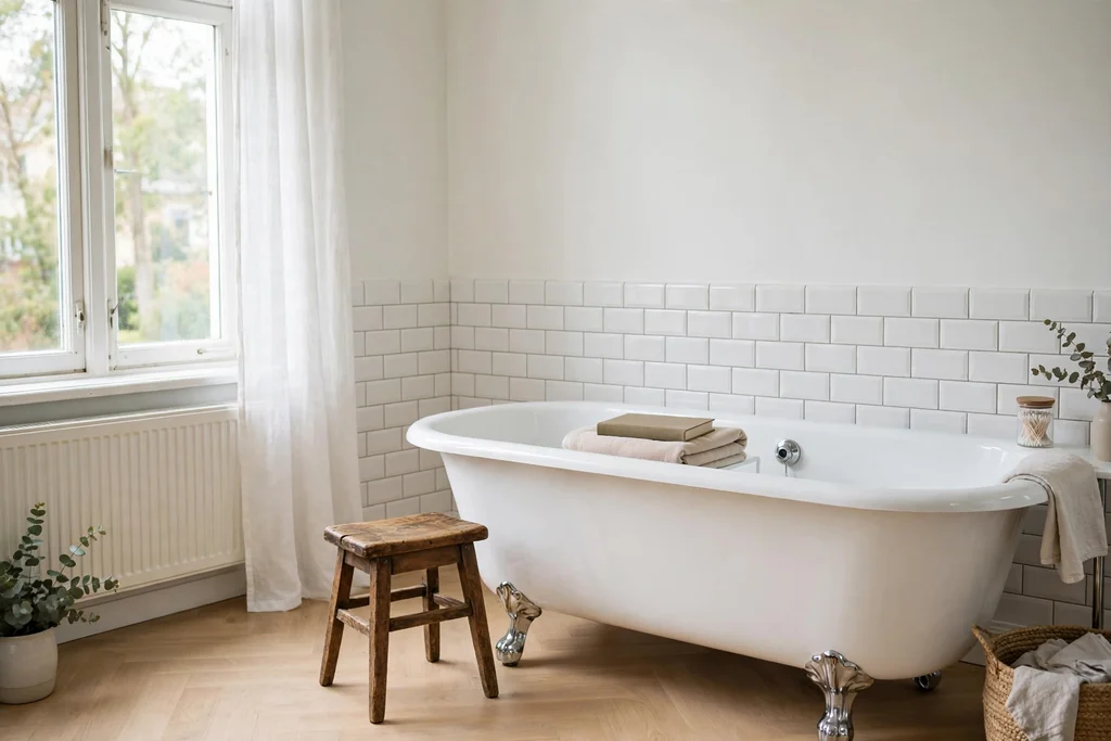 Small vintage wooden stool beside a bathtub holding a folded towel and a book.