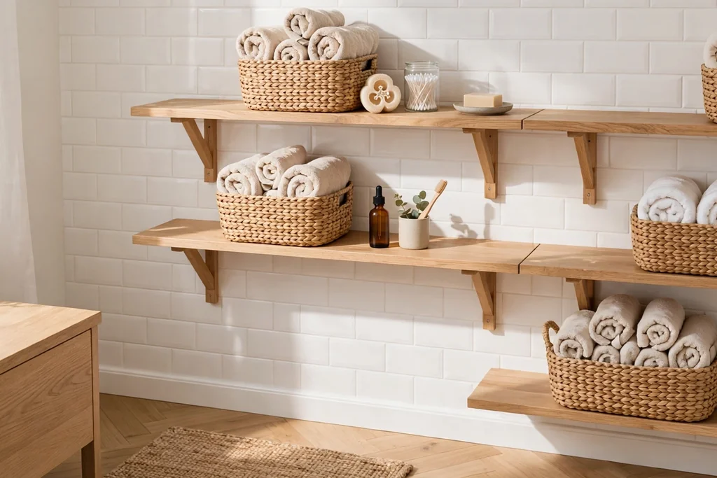 Woven seagrass baskets holding towels and toiletries on bathroom shelves.