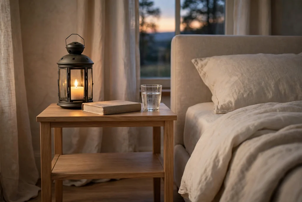 Minimal bedside table with a candle lantern beside a bed.