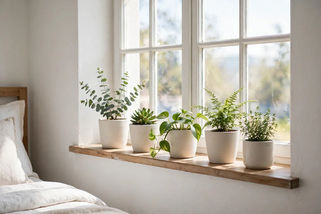 Bedroom windowsill with potted greenery in plain pots.