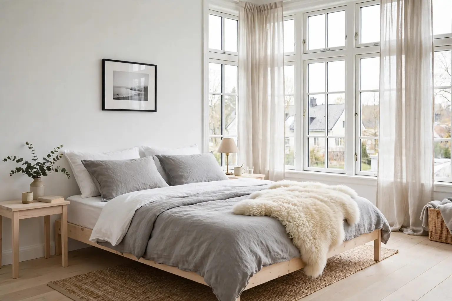 Wide bright Swedish bedroom with white walls, a pale wood bed, and white and grey linen bedding.