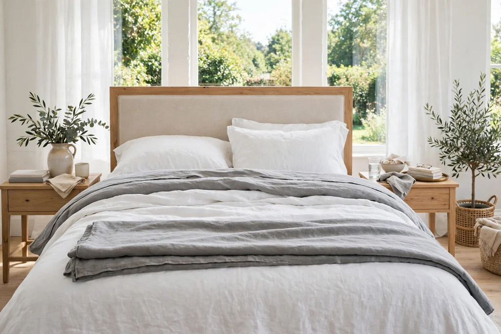 Bed with layered white and grey linen bedding.